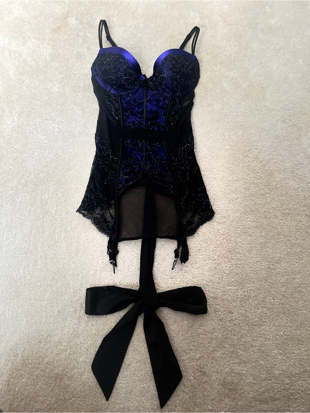 Vintage Victoria’s Secret Black Lace & Royal Purple Satin Merry Widow Corset 34B